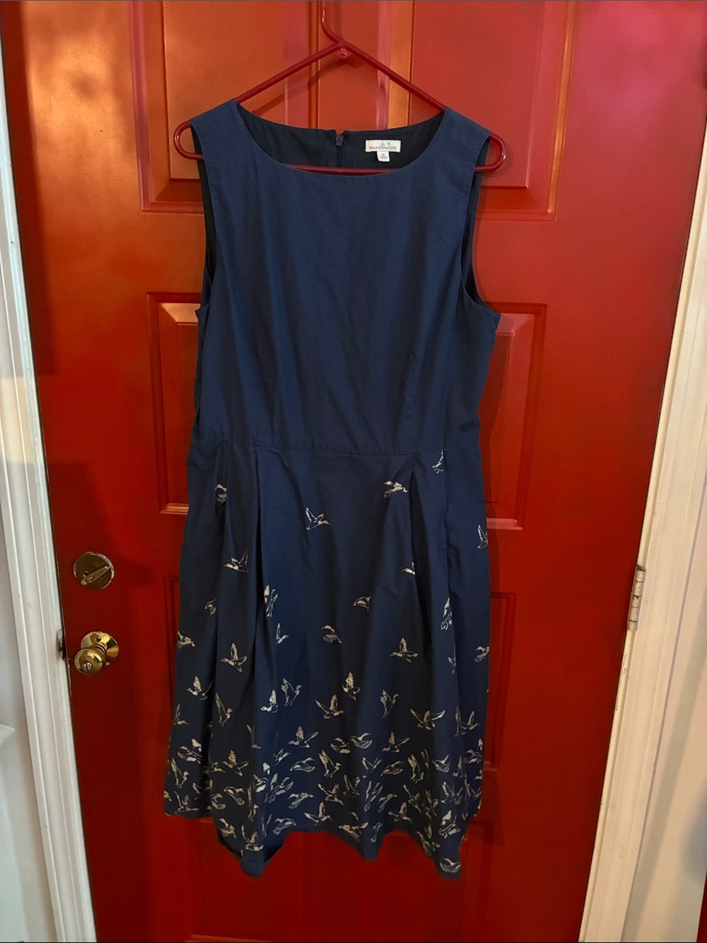 L.L. Bean Navy Sleeveless Fit-and-Flare Dress with Bird Print